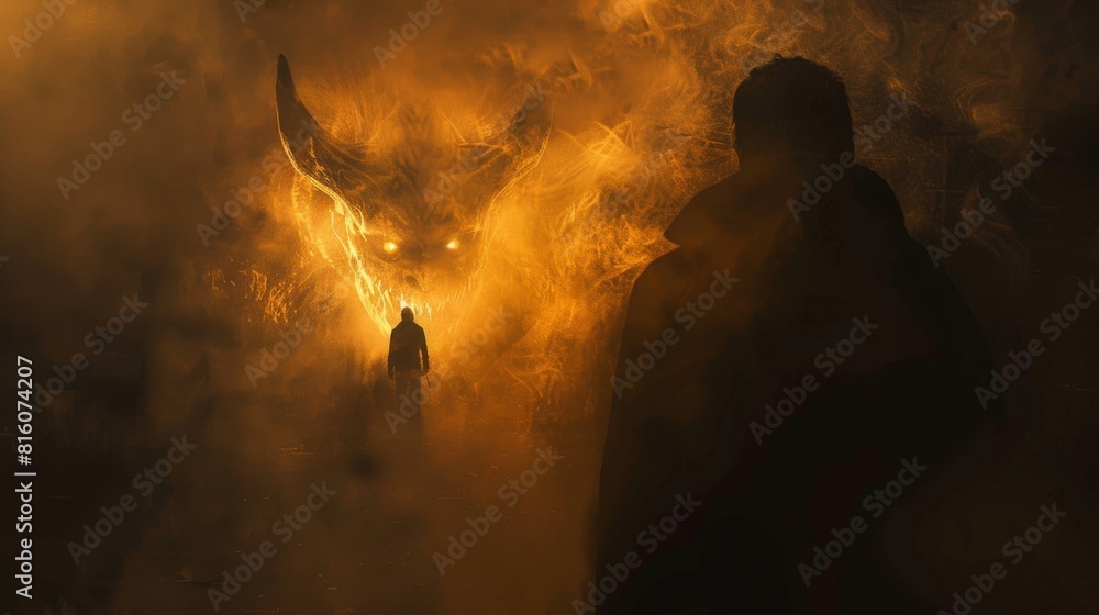 Wall mural A man stands in front of a dragon, with smoke and fire surrounding him - Wall murals