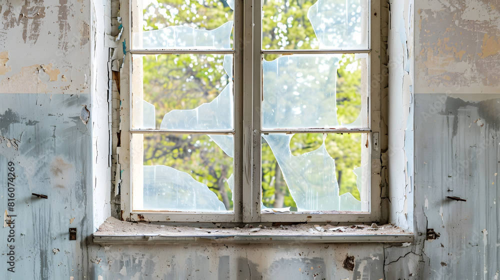 Poster old flaky window frames without glass in an abandoned building : generative ai