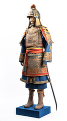 Medieval ancient Mongolian warrior in armor. White background, isolate. AI generated.