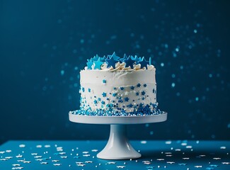 A birthday cake with blue sprinkles and stars on top, standing on a white stand isolated over a deep blue background