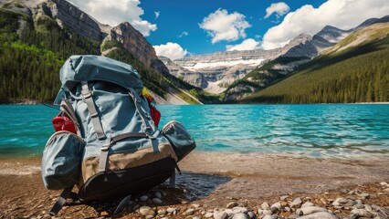 Camping backpack on lake. Concept of travel, vacation, active tourism, hiking, outdoor adventure