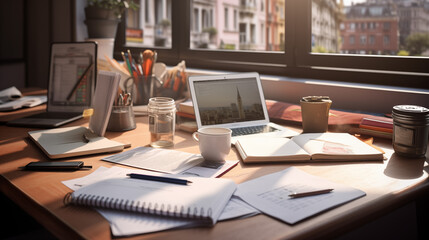 Fototapeta premium Office desk with documents, laptop, with a cup of coffee at sunset. Creative mess on the desktop. 