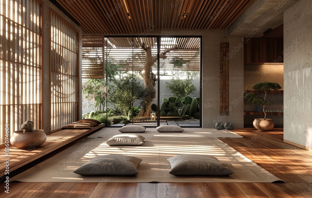 Poster A beautifully designed modern interior space with a Japanese Zen garden featuring neat sand patterns and plants