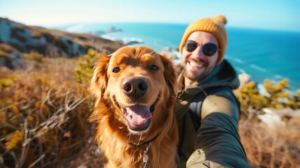 A man and his golden retriever are hiking on a coastal trail