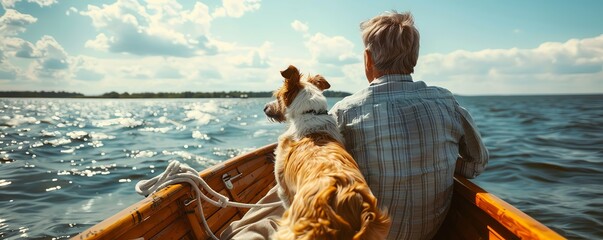 A man and his dog are sitting in a boat on a lake. The man is rowing and the dog is looking out at the water. The sun is shining and there are clouds in the sky.