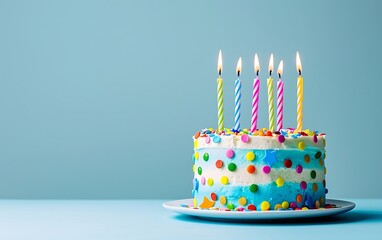 A birthday cake with colorful candles against a pastel blue background, in a minimalistic style, with high resolution photography, leaving copy space on the  photo