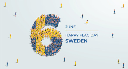 Happy flag Day Sweden. A large group of people form to create the number 6 as Sweden celebrates its Flag Day on the 6th of June. Vector illustration.