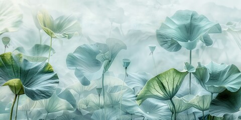 Abstract background with lotus leaves in green and white, ideal for nature-themed designs, botanical illustrations, and serene wallpapers.