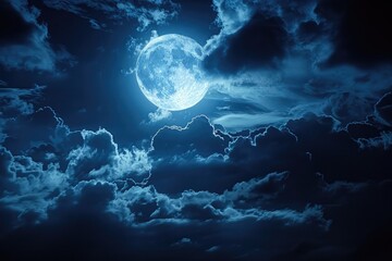 A full moon shining through the clouds, creating an eerie and mysterious atmosphere in the night sky. , real photo