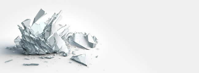 Shards of shiny glass and ice in flight, isolate, white background. AI generated.