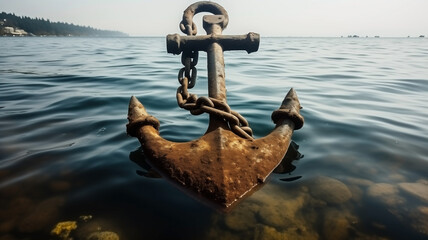 Old and abandoned anchor underwater in seaweed