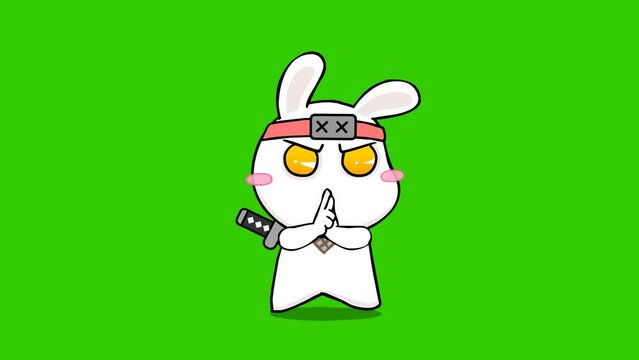 Animated ninja rabbit casting spells and bursting with excitement on green screen background