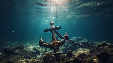 Old and abandoned anchor underwater in seaweed