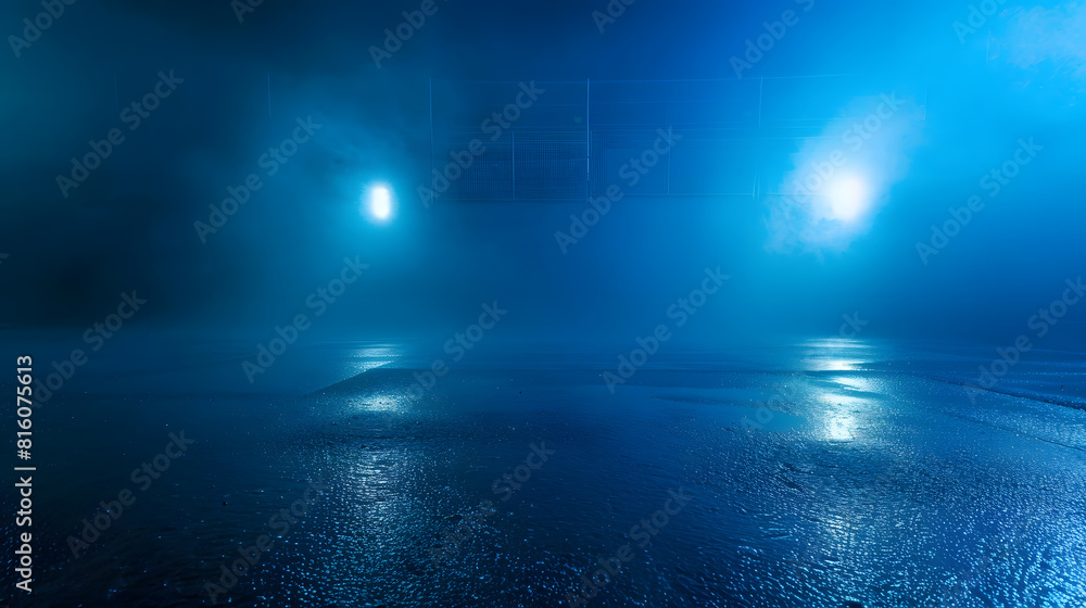 Poster a dark empty street dark blue background an empty dark scene neon light spotlights the asphalt floor