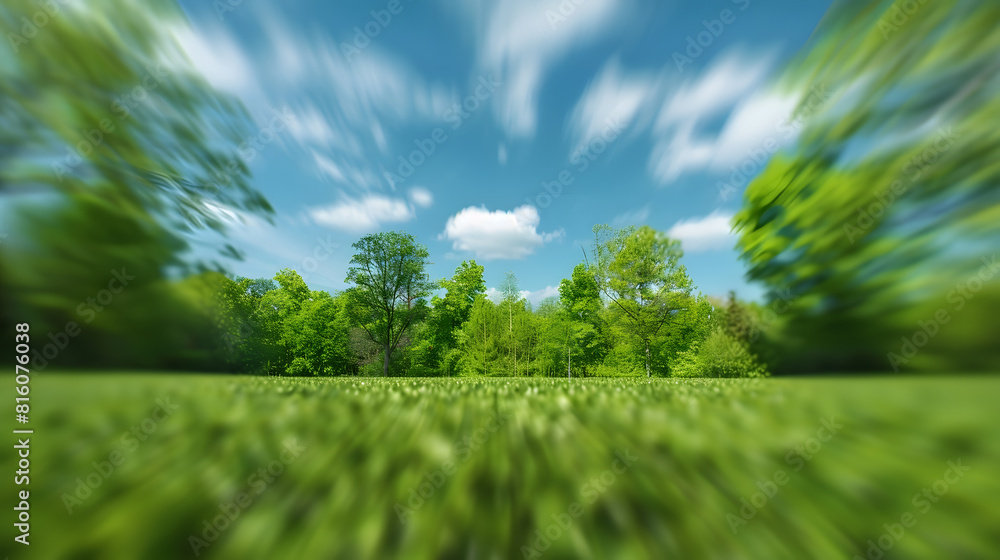 Poster beautiful blurred background image of spring nature with a neatly trimmed lawn surrounded by trees a