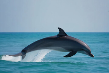 Fototapeta premium dolphin leaping gracefully out of the turquoise sea. The backdrop of the clear sky adds to the sense of freedom and beauty in the natural world