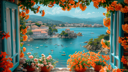 Mediterranean view from an open window. Flowers with views of the sea and the coastal city. Picturesque coastal landscape with good weather.