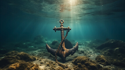 Old and abandoned anchor underwater in seaweed