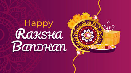 Raksha Bandhan holiday. India. Poster with an image of a bracelet, sweets, gift box.
