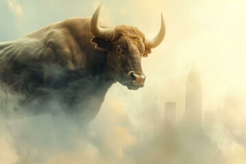 Surreal image of a large bull with its imposing presence above a cloudy cityscape - Powered by Adobe