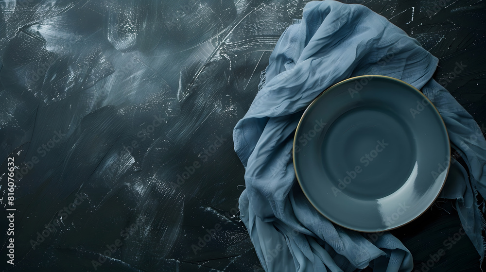 Poster blue table cloth with a plate on black chalkboard background flat lay top view : generative ai