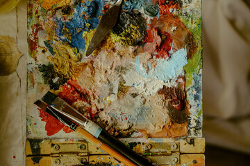 Canvas with paints and brushes
