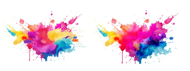 Bright colorful watercolor splash splatter stain brush strokes on white background. Modern vibrant aquarelle spot. Rainbow trendy isolated design on white. Element. Vector watercolor illustration.	