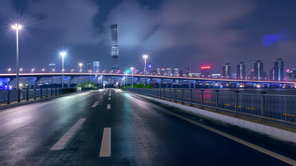 Asphalt road and bridge with modern city skyline in Ningbo Zhejiang Province China : Generative AI