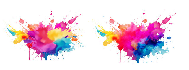 Bright colorful watercolor splash splatter stain brush strokes on white background. Modern vibrant aquarelle spot. Rainbow trendy isolated design on white. Element. Vector watercolor illustration.	