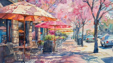 City street adorned with blooming cherry blossom trees, with outdoor cafe in a spring day, watercolor artwork.