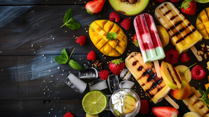 Refreshing summer food double border Selection of grilled fruits ice cream and ice pops Overhead view on a dark wood banner background : Generative AI