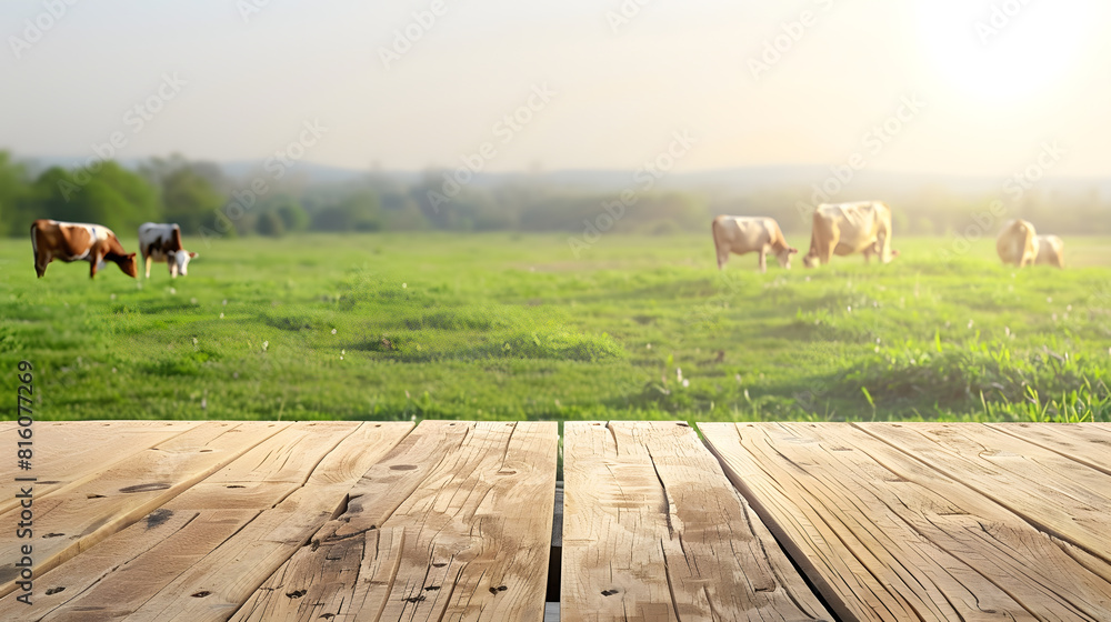 Poster empty wooden table top with grass field and cows background : generative ai