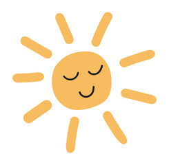 Cute smiling sun in flat design. Happy character face with sunbeams. Vector illustration isolated.