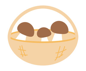 Forest mushrooms in basket in flat design. Autumn harvest at hiking picnic. Vector illustration isolated.