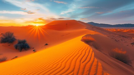 Fototapeta na wymiar Bright Orange Sand Dunes at Sunrise, Peaceful and Serene Landscape Photos for Relaxation Themes