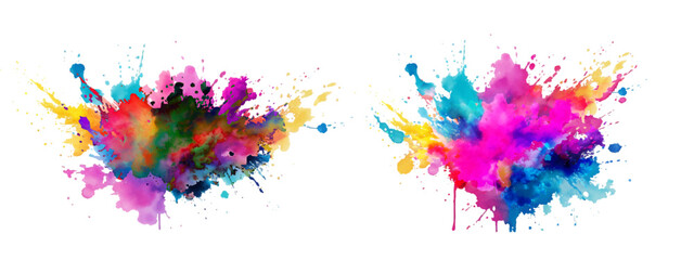 Bright colorful watercolor splash splatter stain brush strokes on white background. Modern vibrant aquarelle spot. Rainbow trendy isolated design on white. Element. Vector watercolor illustration.	