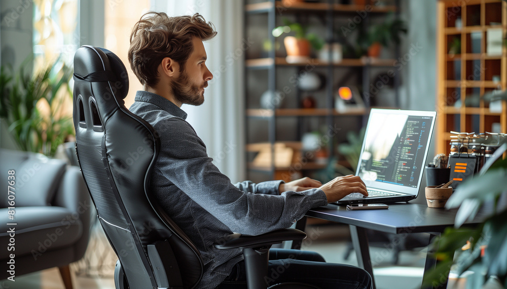 Poster a side view of the programmer intensely focused on the laptop screen, with a modern ergonomic chair 