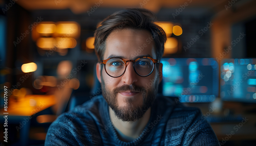 Poster a focused shot on the programmer's face, with the background slightly blurred to emphasize the moder