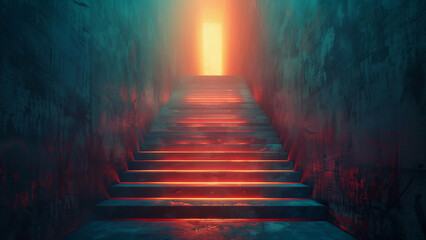 A mysterious grunge staircase leads towards a glowing light