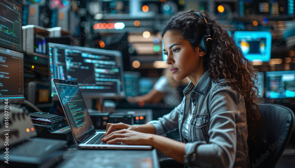 Poster a shot of a female programmer focused on typing code on her laptop, surrounded by multiple monitors 