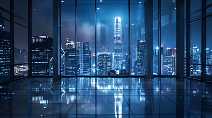 Panoramic skyline and modern commercial office buildings with empty square floors at night :...