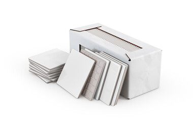 Pile of ceramic blank tile with blank cardboard package. 3d illustration