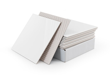 Pile of ceramic blank tile with blank cardboard package. 3d illustration