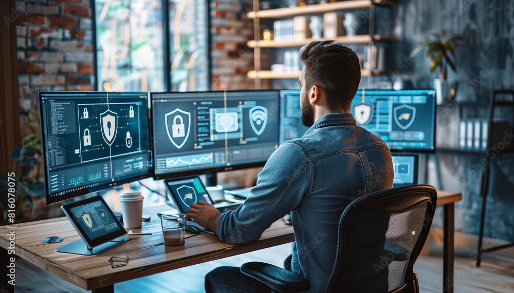 Poster a shot of a cyber specialist using multiple devices to monitor network security, with virtual shield