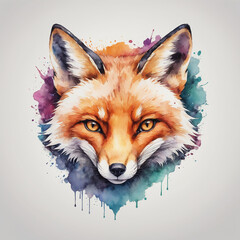 High quality, logo style, Watercolor, powerful colorful fox face logo facing forward, monochrome background, by Yukisakura, awesome full color, MS 