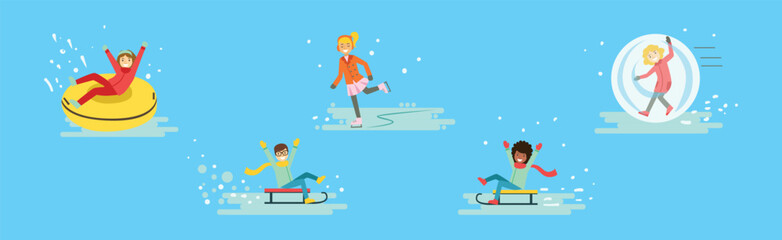 People Character as Winter Holiday Having Fun Outdoors Vector Set