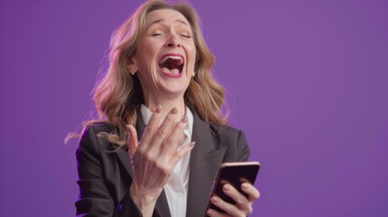 Fototapeta premium Woman Laughing at Mobile Phone