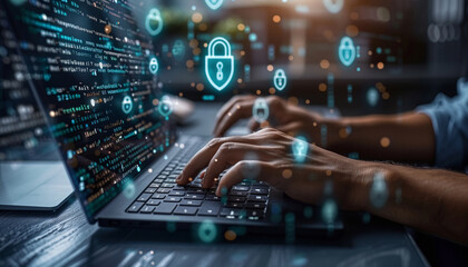 Fototapeta premium a close-up image of a cyber specialist's hands typing on a keyboard, with holographic locks and shields appearing above the desk, Technology, IT specialist, cybersecurity, Cyber ââ