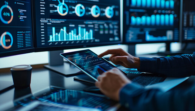 a close-up image of an IT specialist using a tablet to cross-reference data on multiple monitors, with graphs and security metrics in the background, Technology, IT specialist, cyb