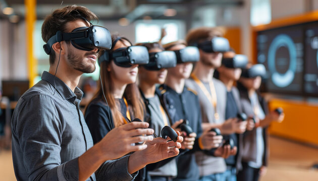 a   shot of an instructor guiding young IT specialists through a VR training session, with everyone wearing headsets and interacting with virtual objects, Technology, IT sp